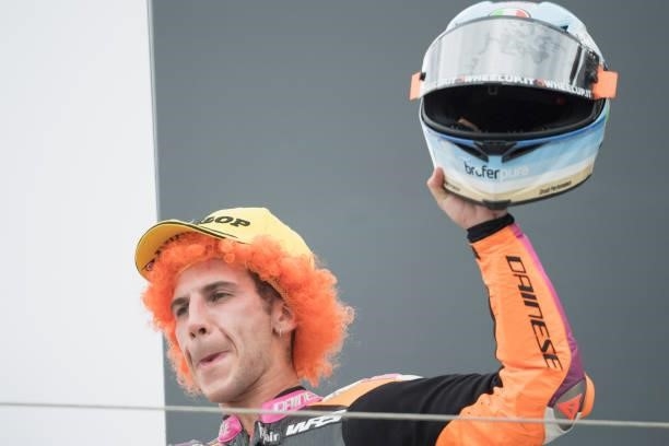 Andrea Migno of Italy and Rivacold Snipers Team celebrates the third place on the podium during the Moto3 race during the MotoGP Of San Marino - Race...