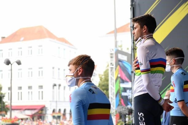 Bronze medalist Remco Evenepoel of Belgium, Gold medalist Filippo Ganna of Italy and Silver medalist Wout Van Aert of Belgium pose on the podium...