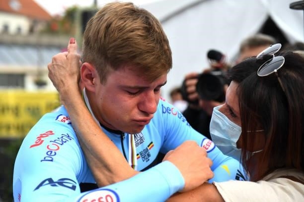 Remco Evenepoel of Belgium bronze medalistis is comforted by his mother Anja Evenepoel after competing in the 94th UCI Road World Championships 2021...