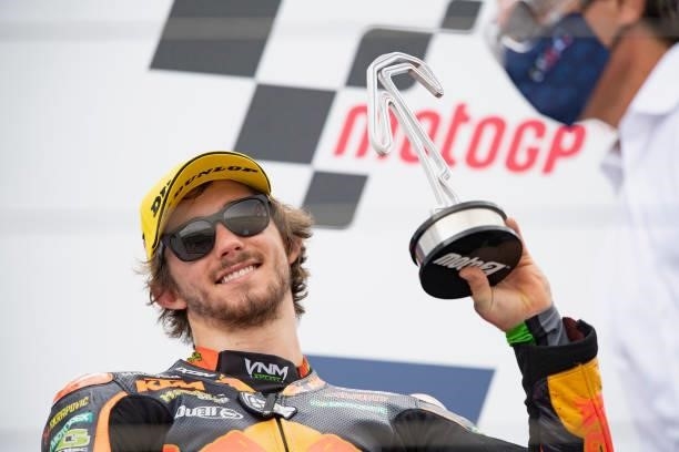 Remy Gardner of Australia and Red Bull KTM Ajo celebrates the second place on the podium during the Moto2 race during the MotoGP Of San Marino - Race...