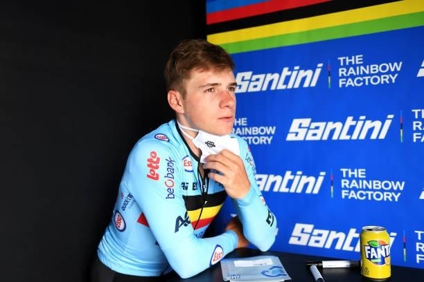 Remco Evenepoel of Belgium waits for rivals results in the hot-seat after competing in the 94th UCI Road World Championships 2021 - Men Elite ITT a...