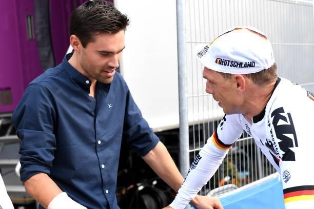 Tom Dumoulin of Netherlands injured with a broken arm and Tony Martin of Germany to the 94th UCI Road World Championships 2021 - Men Elite ITT a...