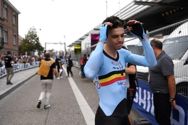 Wout Van Aert of Belgium dislikes with results after competing in the 94th UCI Road World Championships 2021 - Men Elite ITT a 43,3km Individual Time...