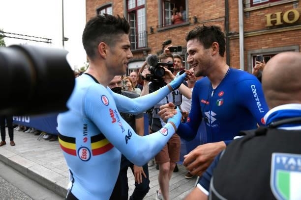Wout Van Aert of Belgium congratulates Filippo Ganna of Italy as race winner after the 94th UCI Road World Championships 2021 - Men Elite ITT a...