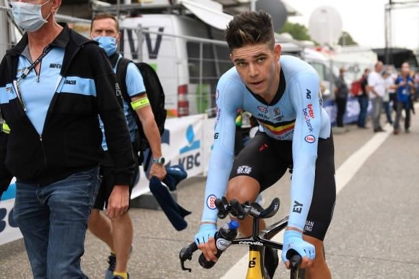 Wout Van Aert of Belgium dislikes with results after competing in the 94th UCI Road World Championships 2021 - Men Elite ITT a 43,3km Individual Time...
