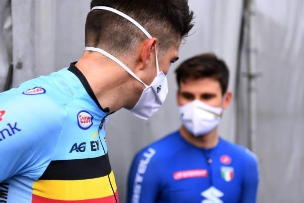 Wout Van Aert of Belgium and Filippo Ganna of Italy prior to the podium ceremony after the 94th UCI Road World Championships 2021 - Men Elite ITT a...