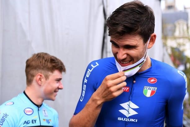 Gold medalist Filippo Ganna of Italy prior to the podium ceremony after the 94th UCI Road World Championships 2021 - Men Elite ITT a 43,3km...