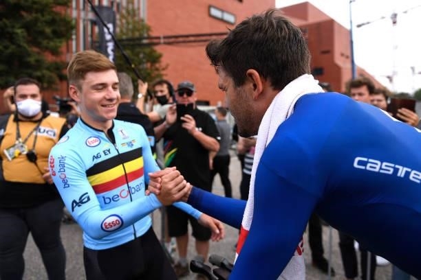 Remco Evenepoel of Belgium congratulates Filippo Ganna of Italy as race winner after the 94th UCI Road World Championships 2021 - Men Elite ITT a...