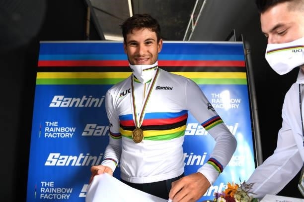 Gold medalist Filippo Ganna of Italy signs the Rainbow World Champion Jersey after the 94th UCI Road World Championships 2021 - Men Elite ITT a...