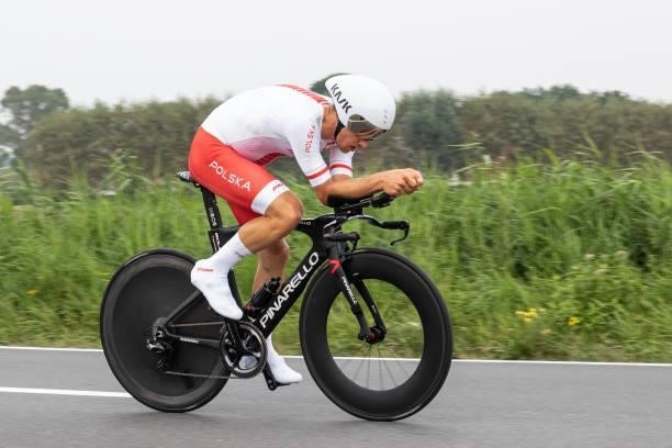 Michal Kwiatkowski of Poland competes during the 43,30 km Time Trial from Knokke-Heist to Bruges of the 2021 Road World championships on September...