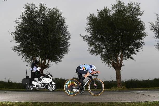 Remco Evenepoel of Belgium sprints during the 94th UCI Road World Championships 2021 - Men Elite ITT a 43,3km Individual Time Trial race from...