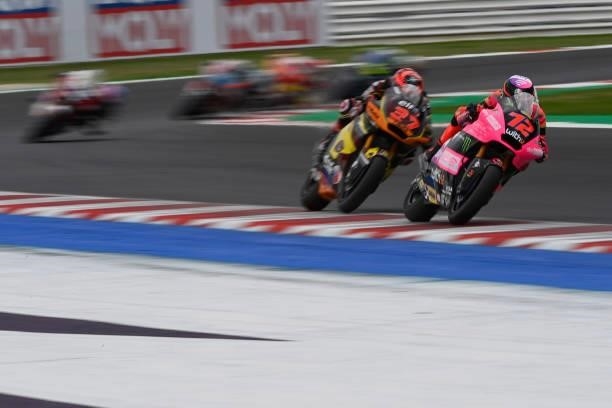 Marco Bezzecchi of Italy and Sky Racing Team VR46 leads the field during the Moto2 race during the MotoGP Of San Marino - Race at Misano World...