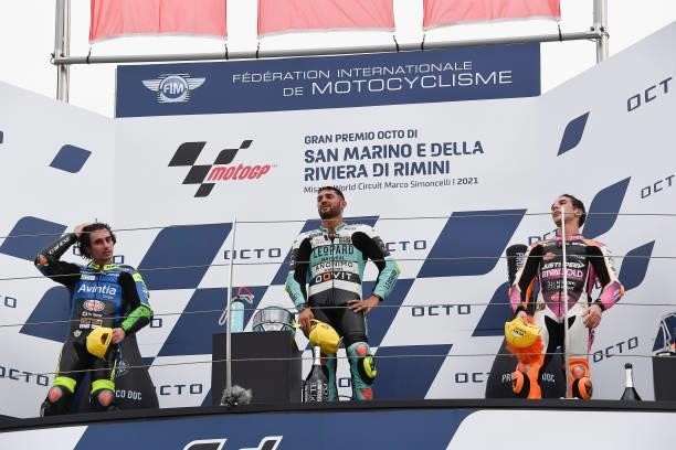 Niccolo Antonelli of Italy and Reale Avintia Moto3, Denis Foggia of Italy and Leopard Racing and Andrea Migno of Italy and Rivacold Snipers Team...