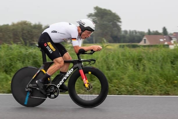Tony Martin of Germany competes during the 43,30 km Time Trial from Knokke-Heist to Bruges of the 2021 Road World championships on September 19, 2021...
