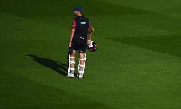 Lewis Gregory of Somerset looks on ahead of the Semi-Final of the Vitality T20 Blast match between Hampshire Hawks and Somerset at Edgbaston on...