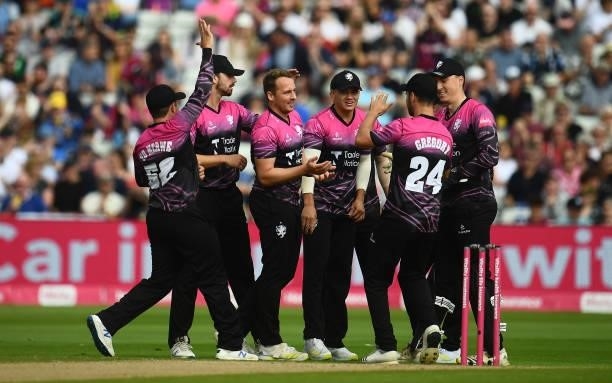 Josh Davey of Somerset celebrates the wicket of Toby Albert of Hampshire Hawks during the Semi-Final of the Vitality T20 Blast match between...