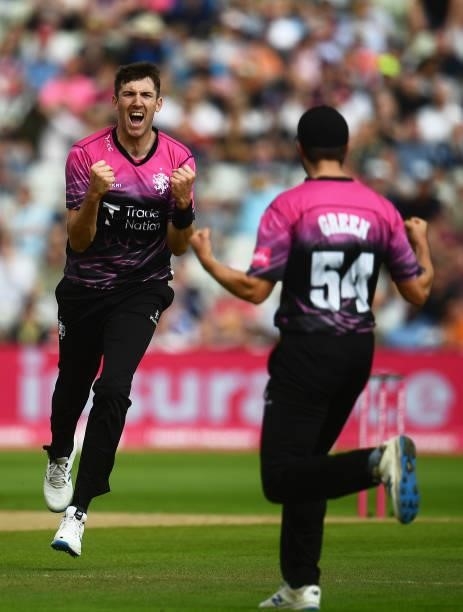 Craig Overton of Somerset celebrates the wicket of James Vince of Hampshire Hawks during the Semi-Final of the Vitality T20 Blast match between...