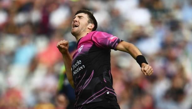 Craig Overton of Somerset celebrates the wicket of James Vince of Hampshire Hawks during the Semi-Final of the Vitality T20 Blast match between...