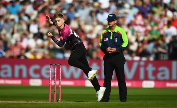 Lewis Goldsworthy of Somerset in bowling action during the Semi-Final of the Vitality T20 Blast match between Hampshire Hawks and Somerset at...