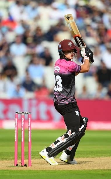 Will Smeed of Somerset plays a shot during the Semi-Final of the Vitality T20 Blast match between Hampshire Hawks and Somerset at Edgbaston on...