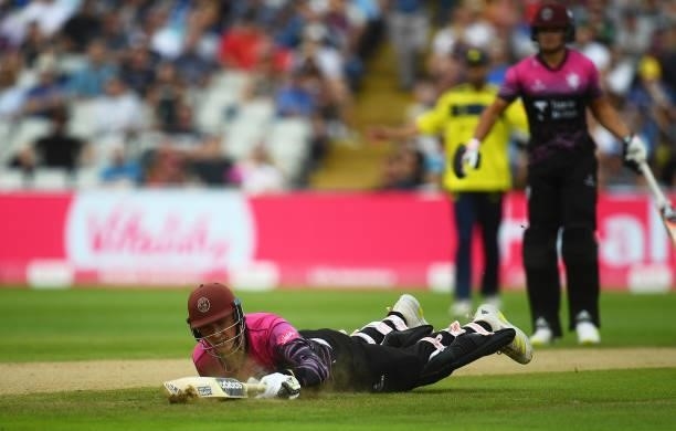 Tom Banton of Somerset dives to make their ground during the Semi-Final of the Vitality T20 Blast match between Hampshire Hawks and Somerset at...