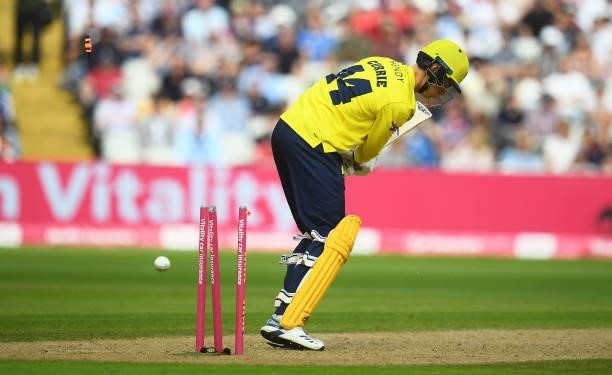 Mason Crane of Hampshire Hawks is bowled during the Semi-Final of the Vitality T20 Blast match between Hampshire Hawks and Somerset at Edgbaston on...