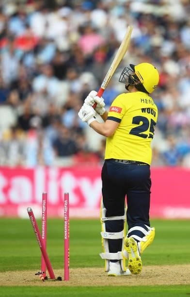 Chris Wood of Hampshire Hawks is bowled during the Semi-Final of the Vitality T20 Blast match between Hampshire Hawks and Somerset at Edgbaston on...