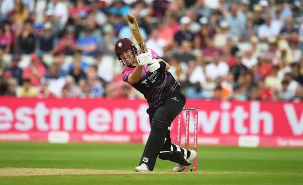 Craig Overton of Somerset plays a shot during the Semi-Final of the Vitality T20 Blast match between Hampshire Hawks and Somerset at Edgbaston on...