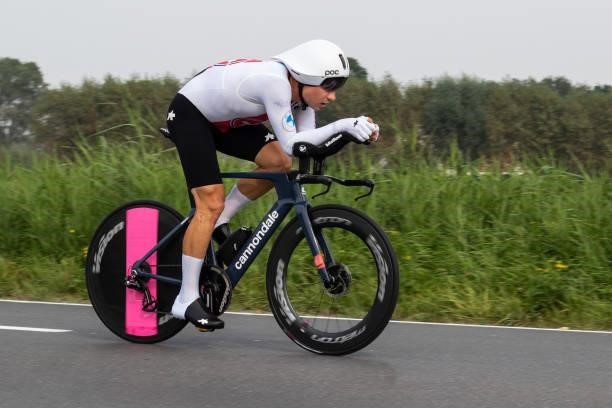 Stefan Bissegger of Switzerland competes during the 43,30 km Time Trial from Knokke-Heist to Bruges of the 2021 Road World championships on September...
