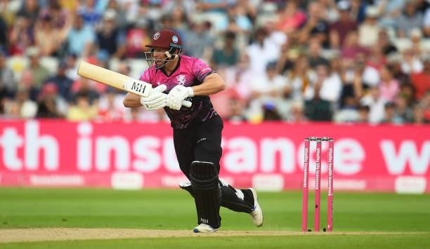 Roelof van der Merwe of Somerset plays a shot during the Semi-Final of the Vitality T20 Blast match between Hampshire Hawks and Somerset at Edgbaston...