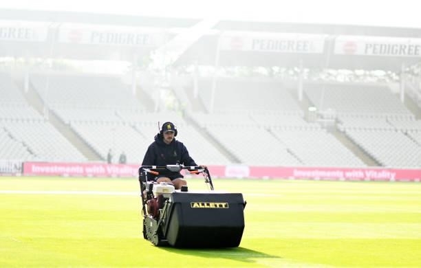Groundstaff work on the outfield ahead of the Semi-Final of the Vitality T20 Blast match between Hampshire Hawks and Somerset at Edgbaston on...