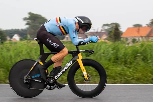 Wout Van Aert of Belgium competes during the 43,30 km Time Trial from Knokke-Heist to Bruges of the 2021 Road World championships on September 19,...