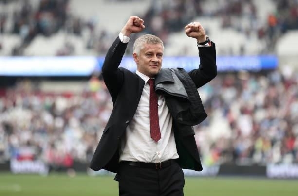 Ole Gunnar Solskjaer, Manager of Manchester United acknowledges the fans after his sides during the Premier League match between West Ham United and...