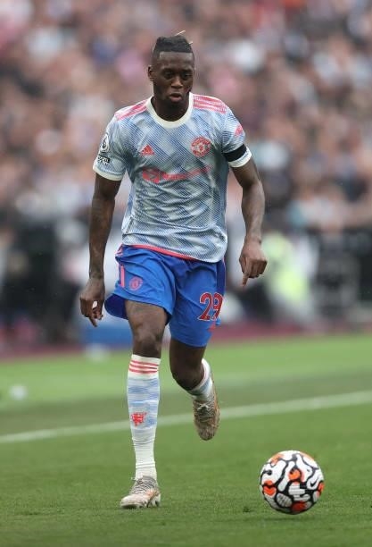 Aaron Wan-Bissaka of Man Utd in action during the Premier League match between West Ham United and Manchester United at London Stadium on September...