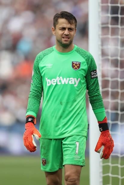 Lukasz Fabianski goalkeeper of West Ham looks on during the Premier League match between West Ham United and Manchester United at London Stadium on...