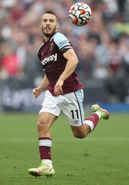 Nikola Vlasic of West Ham in action during the Premier League match between West Ham United and Manchester United at London Stadium on September 19,...