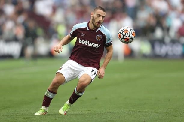 Nikola Vlasic of West Ham in action during the Premier League match between West Ham United and Manchester United at London Stadium on September 19,...