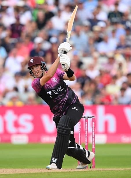Craig Overton of Somerset hits runs during the Semi-Final of the Vitality T20 Blast match between Hampshire Hawks and Somerset at Edgbaston on...