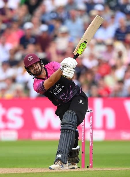 Ben Green of Somerset hits runs during the Semi-Final of the Vitality T20 Blast match between Hampshire Hawks and Somerset at Edgbaston on September...