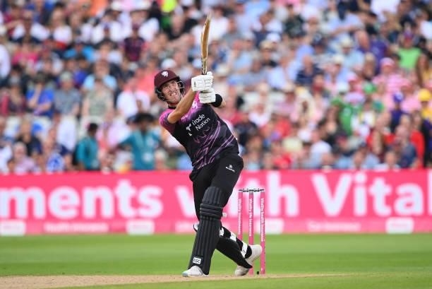 Craig Overton of Somerset hits runs during the Semi-Final of the Vitality T20 Blast match between Hampshire Hawks and Somerset at Edgbaston on...
