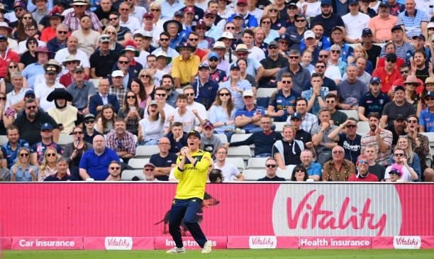 Tom Prest of Hampshire reacts after taking the catch of Ben Green of Somerset during the Semi-Final of the Vitality T20 Blast match between Hampshire...