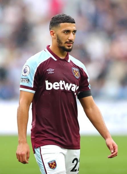 Said Benrahma of West Ham United looks on during the Premier League match between West Ham United and Manchester United at London Stadium on...
