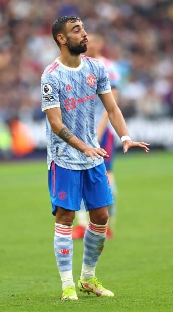 Bruno Fernandes of Manchester United gestures during the Premier League match between West Ham United and Manchester United at London Stadium on...