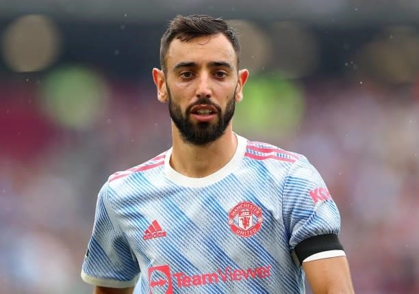 Bruno Fernandes of Manchester United during the Premier League match between West Ham United and Manchester United at London Stadium on September 19,...
