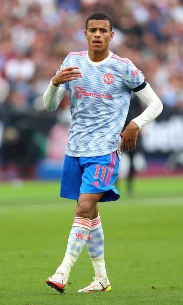 Mason Greenwood of Manchester United during the Premier League match between West Ham United and Manchester United at London Stadium on September 19,...