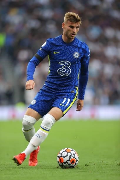 Timo Werner of Chelsea runs with the ball during the Premier League match between Tottenham Hotspur and Chelsea at Tottenham Hotspur Stadium on...