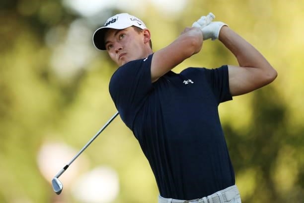 Maverick McNealy hits his tee shot on the 15th hole during the final round of the Fortinet Championship at Silverado Resort and Spa on September 19,...