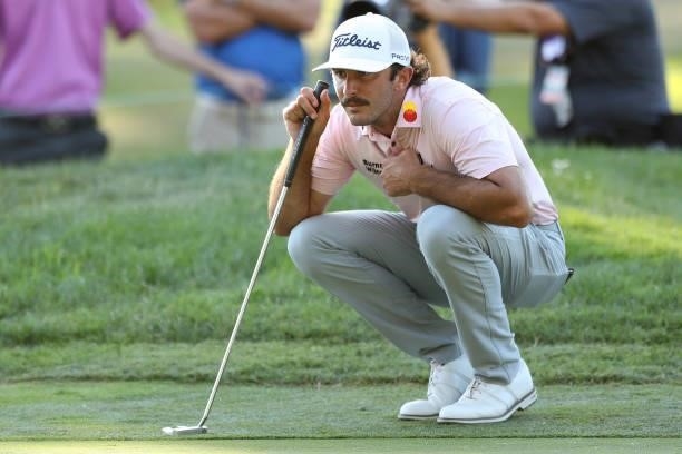 Max Homa lines up his putt on the 16th hole during the final round of the Fortinet Championship at Silverado Resort and Spa on September 19, 2021 in...