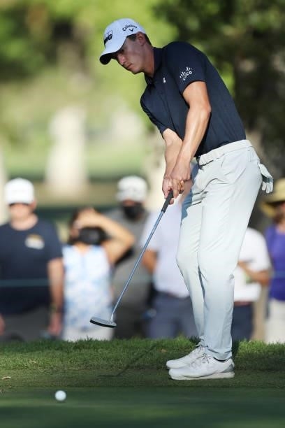 Maverick McNealy putts on the 16th hole during the final round of the Fortinet Championship at Silverado Resort and Spa on September 19, 2021 in...