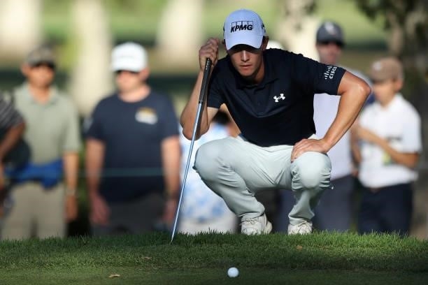 Maverick McNealy lines up his putt on the 16th hole during the final round of the Fortinet Championship at Silverado Resort and Spa on September 19,...